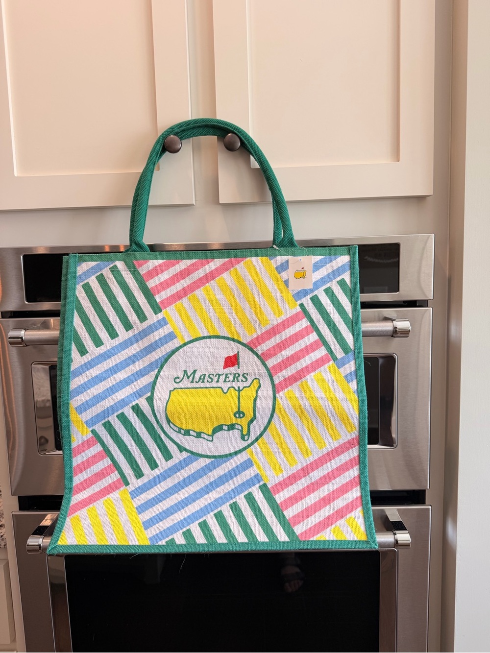 Masters Color-Block Striped Logo Tote with Green Trim